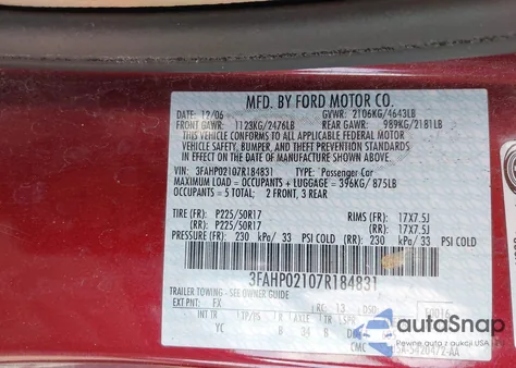 2007 Ford Fusion Sel z USA, uszkodzony, nr VIN 3FAHP02107R184831